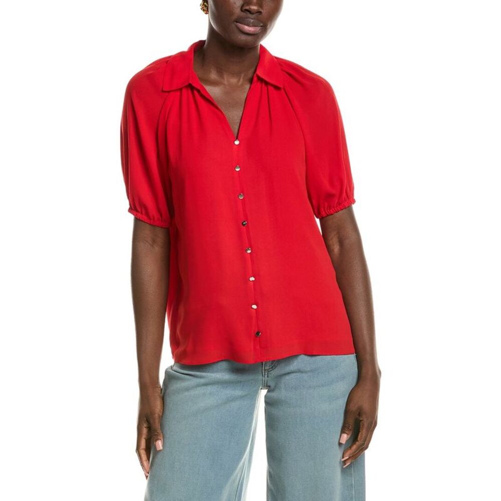 T Tahari Womens Split Neck Collared Blouse, Red